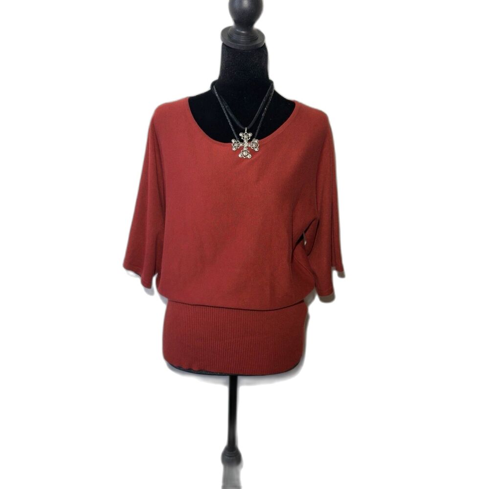 Cable & Gauge Women’s Red Solid Knit Sweater Crew Neck Ribbed Short Sleeve L